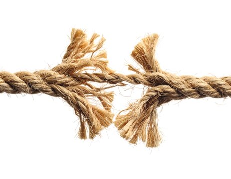 Close-up of a frayed, torn rope against a clean white backdrop, illustrating a moment of breakage and potential failure