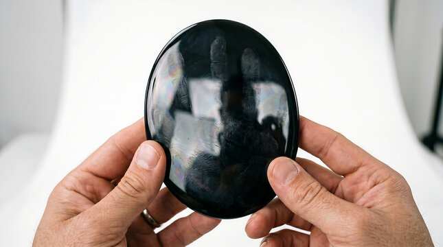 Hands holding a sleek black obsidian scrying mirror, reflecting indistinct smudges, suggesting mystery and ancient divination practices.