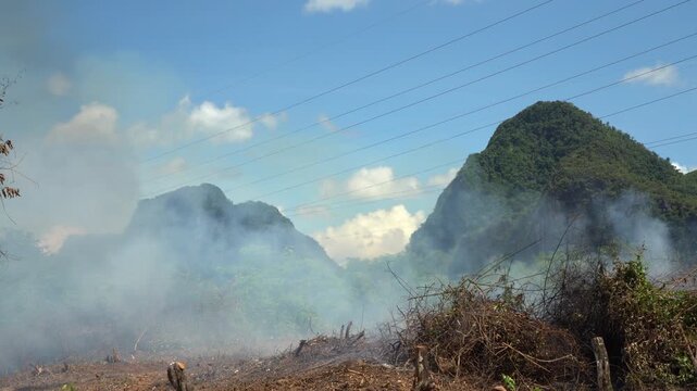 Aerial drone view of a remote tropical forest area with patches of smoke from burning agriculture, rugged mountainous landscape, preparing land for new rice crops, Laos PDR