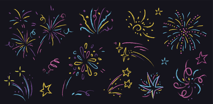 Crayon doodle fireworks set with color bursts and stars. Vector realistic illustration of hand drawn pastel pencil sketch elements for celebration designs, party invitations, festive summer background