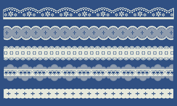 Delicate white lace border with scalloped edges, hearts and floral pattern, realistic vector seamless design isolated on background. Cotton trim frame for vintage scrapbook design, wedding invitations