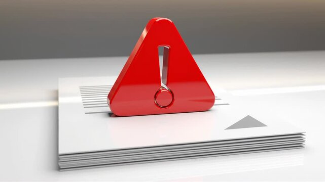 3 d red exclamation mark warning sign appearing on stack of documents for business risk alert