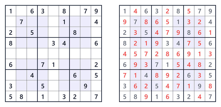 Hyper Sudoku logic puzzle variant with shaded inner regions, unsolved and solved grids.