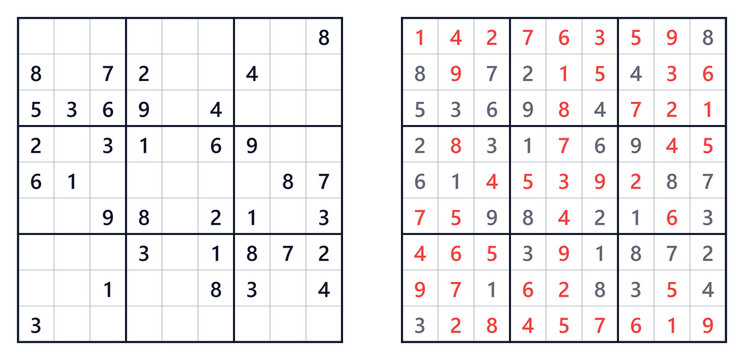 Standard 9x9 Sudoku logic puzzle showing unsolved grid and completed solution.