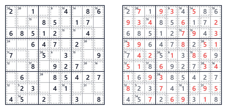 Killer Sudoku logic puzzle with dashed sum cages, unsolved and solved grids side by side.