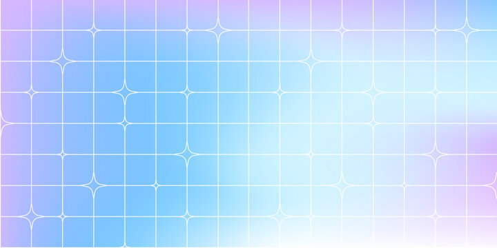 Y2K background with geometric grid pattern and stars, abstract vector gradient design. Retro cyber aesthetic poster template with colorful blue purple tile shapes and seamless texture