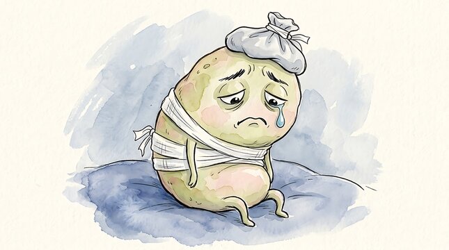 Sad cartoon football character sitting in water with a bandage on head feeling defeated