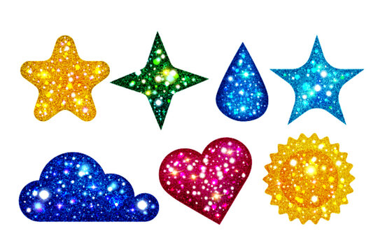 Glitter sticker set with sparkly realistic texture, vector set isolated on background. Y2 shiny stars, cute golden sun, pink heart, blue cloud and water drop, vintage element for trendy design