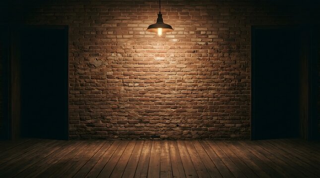 Dimly lit room with exposed red brick walls and dark wooden floorboards under a single hanging industrial style lamp