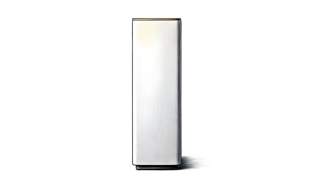 Modern sleek silver external hard drive standing upright.
