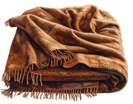 Close-up of a warm, folded throw blanket. The light brown fabric has a plush, textured look with a fringe detail