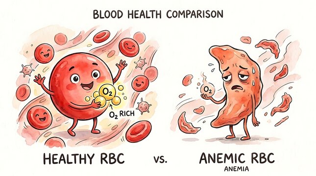 Illustrated comparison of healthy red blood cells versus anemic cells with iron deficiency anemia