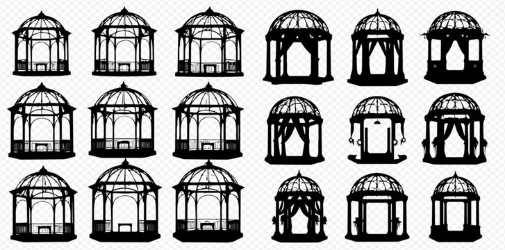 Set of various elegant garden gazebos, pergolas, and arbors silhouettes, perfect for outdoor events and landscaping designs.