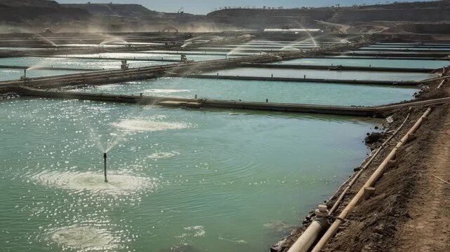 Medium shot of solution ponds in a bioleaching copper operation highlighting largescale bacterial leaching with sunlight reflecting on the liquid surface
