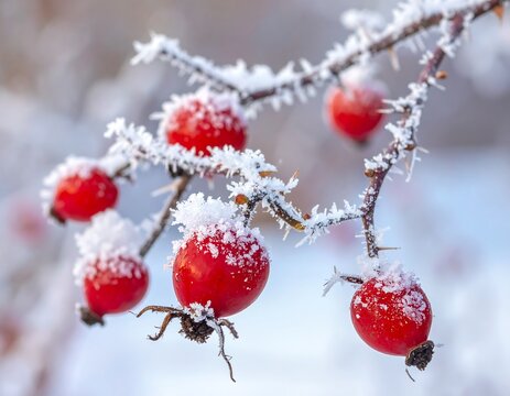 Close-up of bright red berries covered in delicate frost clinging to thorny branches, captured in soft focus