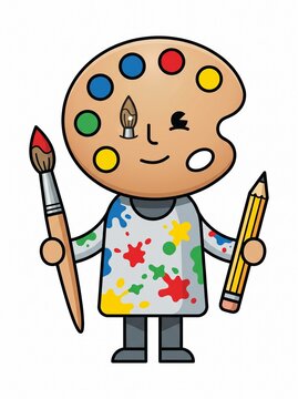 Artist Palette Character with Paintbrush and Pencil