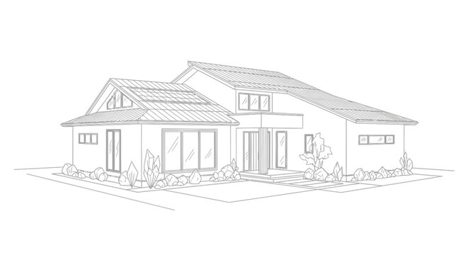 Modern Residential House Architectural Line Drawing Sketch for Home Exterior Design and Planning
