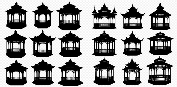 Set of traditional Asian gazebo silhouettes, including various styles of pagodas and oriental pavilions, isolated on a transparent background.