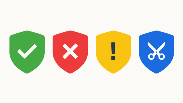 Four security status icons with checkmark, cross, warning, and scissors symbols in colorful shields