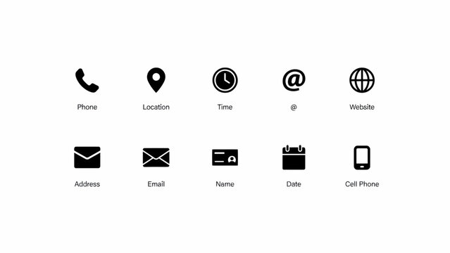 Set of ten minimalist black icons representing contact information and details