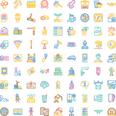 Obraz premium Diverse minimalist line icon set showcasing technology, science, nature, health, business and everyday objects in a clean multi color linear style for web and app use