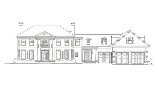 Detailed Architectural Elevation Drawing of a Luxury Two-Story Residential House with Garage Line Art