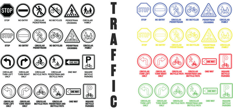 Traffic sign collection stop pedestrian bicycle and directional regulatory signs