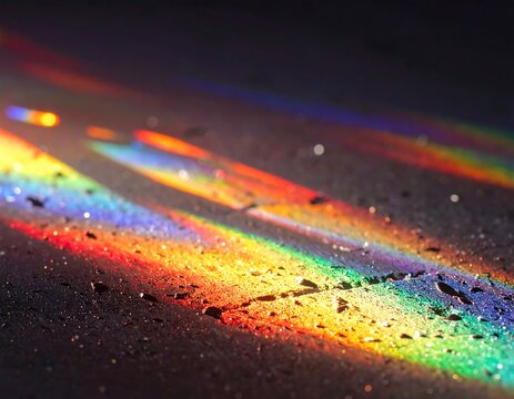 Close-up of refracted light, displaying a spectrum of colors across a dark, textured surface, creating a vibrant abstract pattern