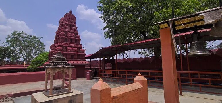 Traditional Red Shikhara Temple Top and Inner Courtyard Architecture of Bhartrihari Caves in Ujjain Madhya Pradesh