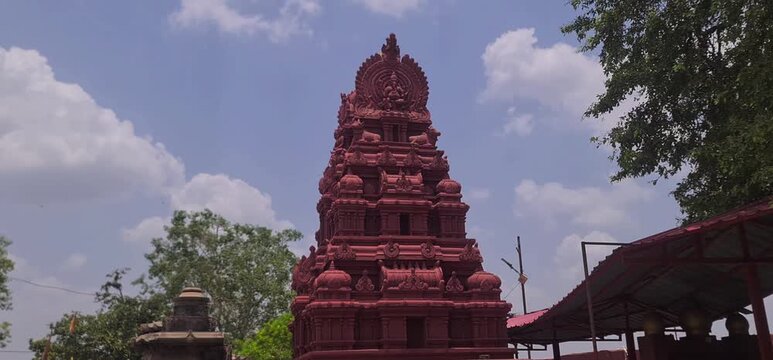Traditional Red Shikhara Temple Top and Inner Courtyard Architecture of Bhartrihari Caves in Ujjain Madhya Pradesh