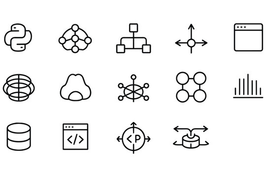 Software development and data science icons representing coding python algorithm and cloud network