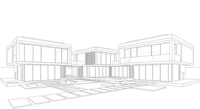 Architectural line drawing of modern residential villas based on concept f00b9678-a7af-4b95-9e42-7c7da9f2fcff