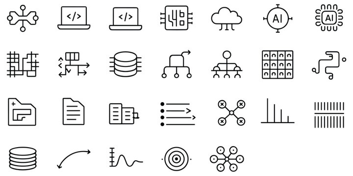 Set of technology and science icons, featuring AI and data processing, code, and network.