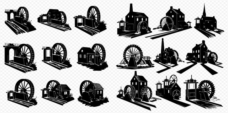 Set of vintage watermills and sawmills silhouettes, old industrial buildings with water wheels, black and white vector illustration.