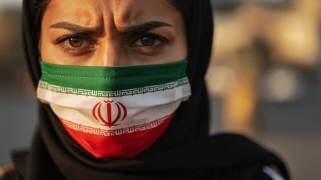 Determined Iranian woman wearing face mask with national flag standing strong in golden light empowerment