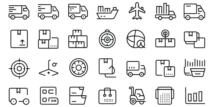 Logistics operations and freight management line icons for global trade and distribution systems