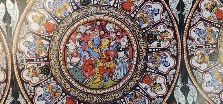 Intricate Traditional Mural Painting of Hindu Mythological Characters on the Ceiling of Vikram Kirti Mandir Museum in Ujjain