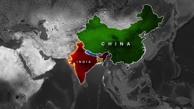 Animated map footage showing the geographical border between India and China, with neighboring countries