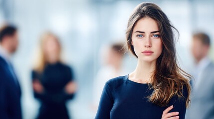 Fototapeta premium Focused woman brand consultant in a sleek agency meeting with blurred colleagues in the background.