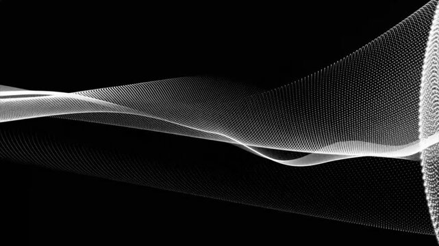 Abstract flowing wave of white particles on black background