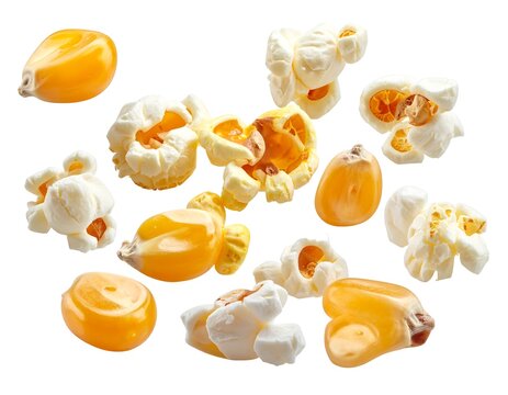 Close-up studio shot featuring isolated kernels of raw corn alongside popped pieces, showcasing diverse textures and forms against a pristine white background