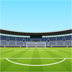 Fototapeta premium サッカースタジアムとゴールの背景素材/青空の競技場風景正方形レイアウト｜Soccer Stadium Background with Goal and Green Field, Square Layout, Daytime