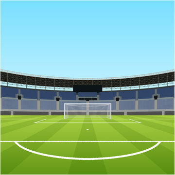 サッカースタジアムとゴールの背景素材/青空の競技場風景正方形レイアウト｜Soccer Stadium Background with Goal and Green Field, Square Layout, Daytime