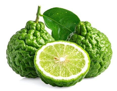 Close-up studio shot of three vibrant, textured, green citrus fruits, one halved, revealing its interior, and a single leaf
