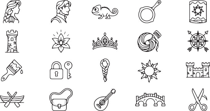 Minimalist fairy tale icon set of twenty linear vector symbols from a frozen princess story