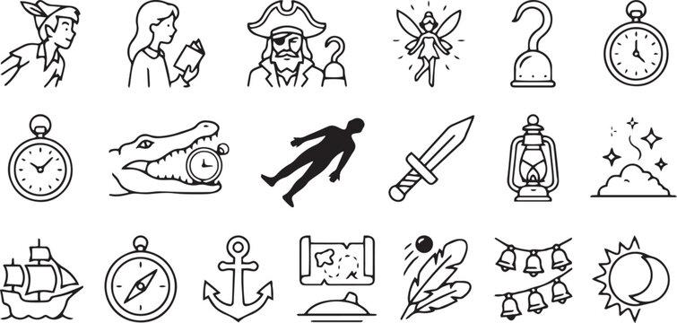 Peter Pan Fairytale Icon Set, Minimalist Vector Line Art, Neverland Characters and Symbols