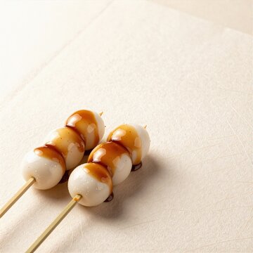 A few mitarashi dango skewers on washi paper