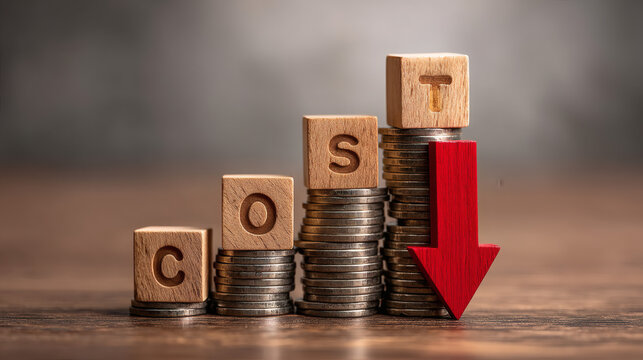 photograph of wooden blocks spelling COST arranged on descending stacks of coins with red downward arrow above, symbolizing cost reduction strategy and financial efficiency, polished dark wood 