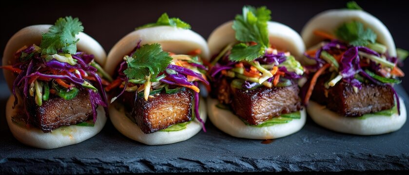 Crispy pork belly bao buns with five spice slaw on slate platter