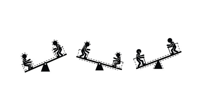 Silhouette figures balancing on teeter totter boards.
